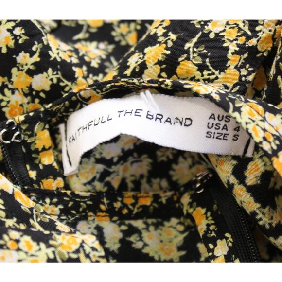 Faithfull the Brand Yellow Black Floral Ruffle Hem Tie Waist Mini Dress Size 4 - Picture 4 of 7